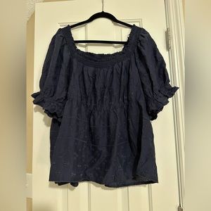 Old Navy Peplum Embroidered Puff Sleeve Navy Top